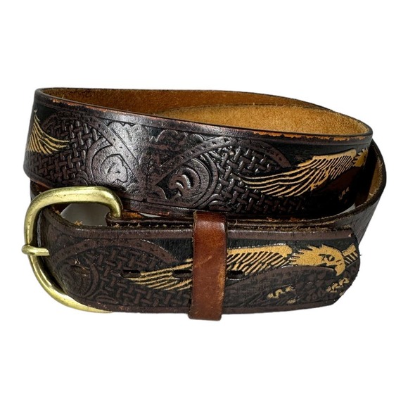 Wrangler Eagle Tooled Leather Belt Brown 38 Western Nature Boho Gorpcore Granola - Picture 2 of 5